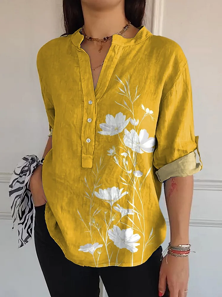 Summer Floral Silhouette Art Printed Women's Casual Long Sleeve Comfortable Cotton Shirt