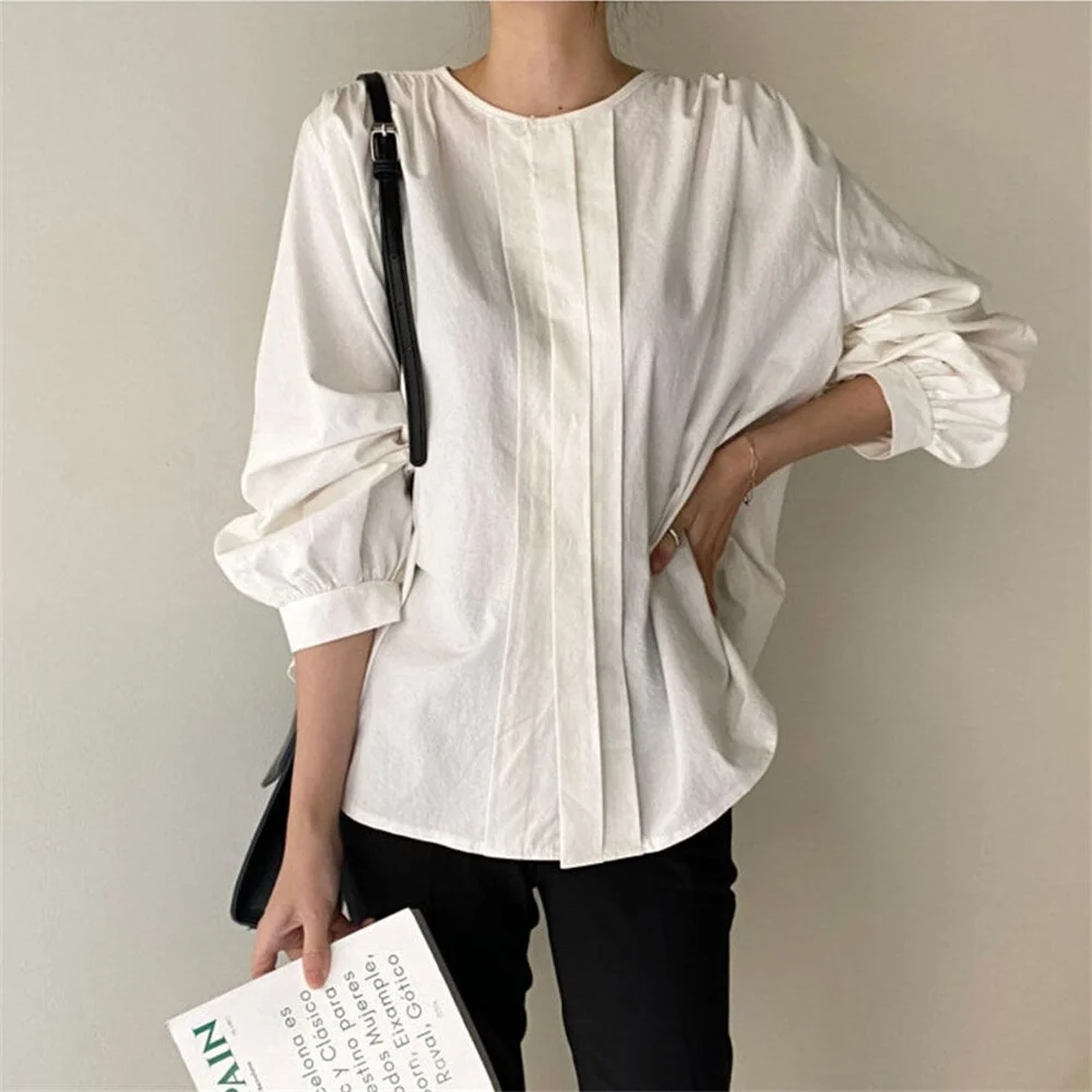 Jangj Alien Kitty Pleated Women Shirts Full Sleeves Solid New Casual 2022 Spring Office Lady Fashion All Match Hot Streetwear Tops