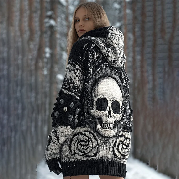 Women's Skull Rose Black And White Hooded Sweater
