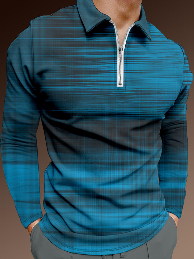 Casual Art Collection Gradient Abstract Striped Element Pattern Lapel Long Sleeve Polo Print Top