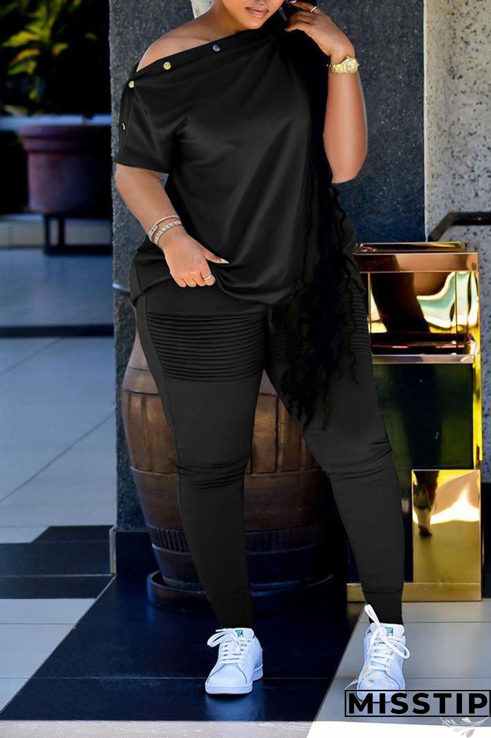 Black Casual Solid Patchwork Oblique Collar Short Sleeve Two Pieces