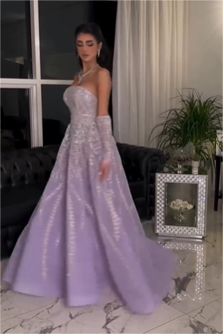 Oknass Glamorous Tulle Strapless A Line Long Prom Dress With Gloves