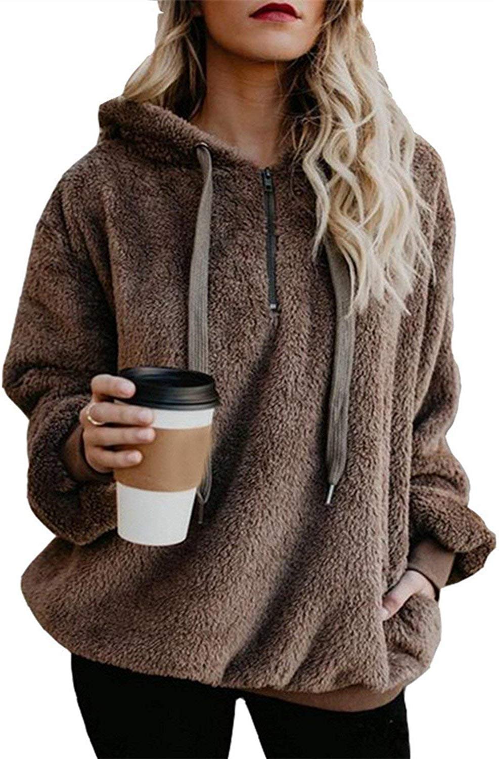 Womens Sherpa Pullover Fuzzy Fleece Sweatshirt Oversized Hoodie with Pockets