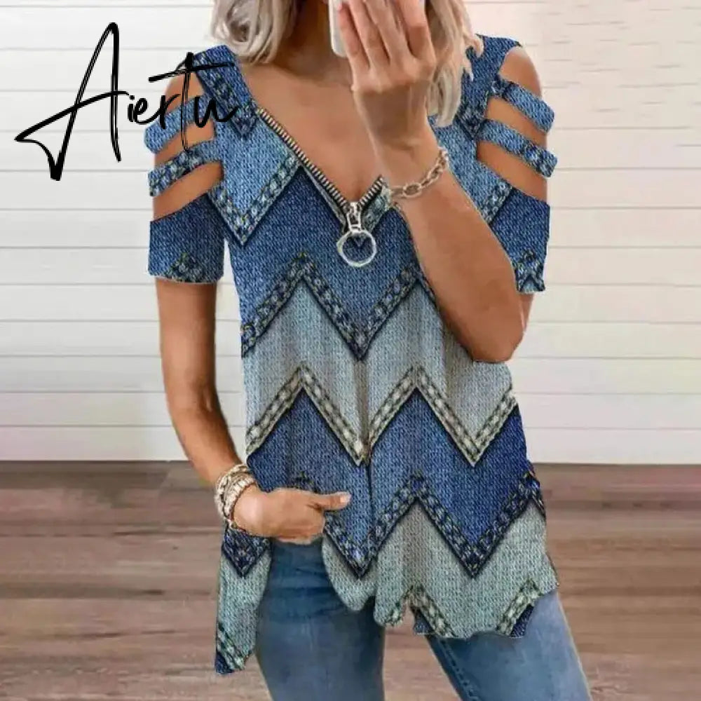 Women's T-Shirt Summer Fashion Print Floral V-Neck Zipper Tshirt Hollow Pullover Casual Loose Oversize Ladies Top Tee Shirt Aiertu