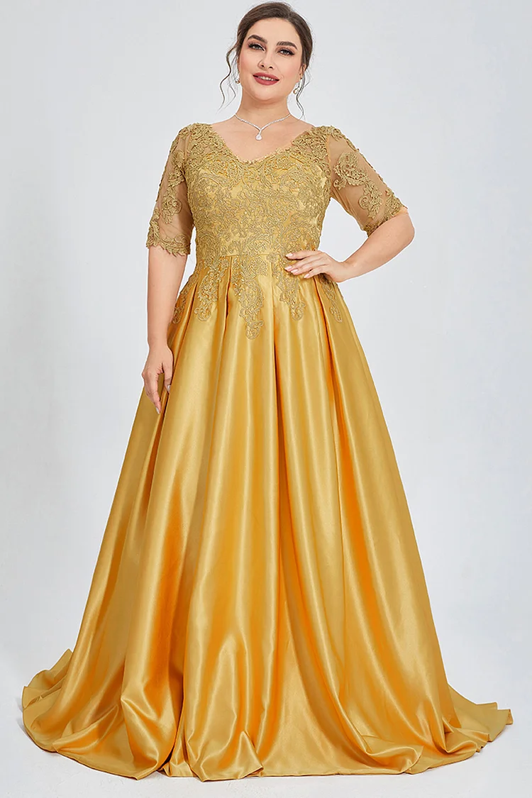 Flycurvy Plus Size Formal Gold Satin Lace V Neck Tunic Maxi Dress  Flycurvy [product_label]