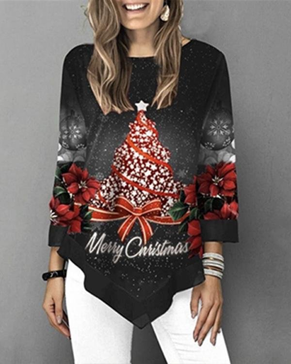 Christmas Tree Graphic Print Long Sleeves T-shirt - Chicaggo