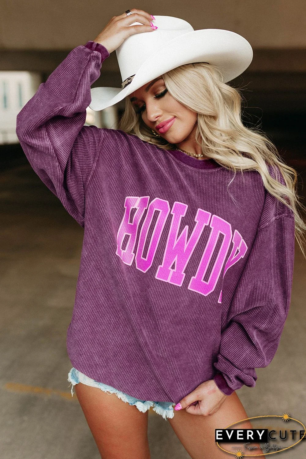 HOWDY Graphic Print Ribbed Casual Sweatshirt