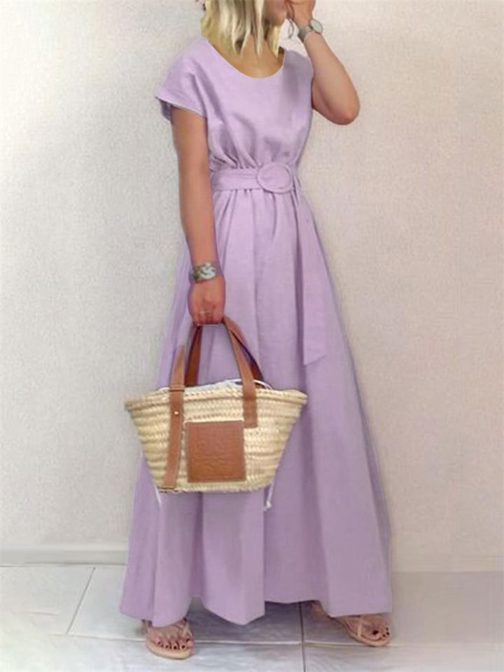 New Long Skirt Round Neck Solid Belt Large Dress