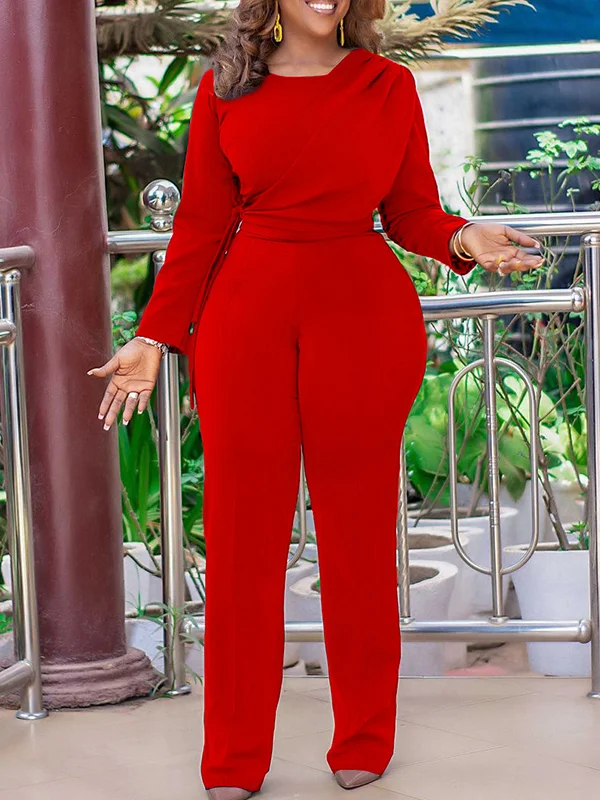 Asymmetric Solid Color Tied High Waisted Long Sleeves Round-neck Jumpsuits
