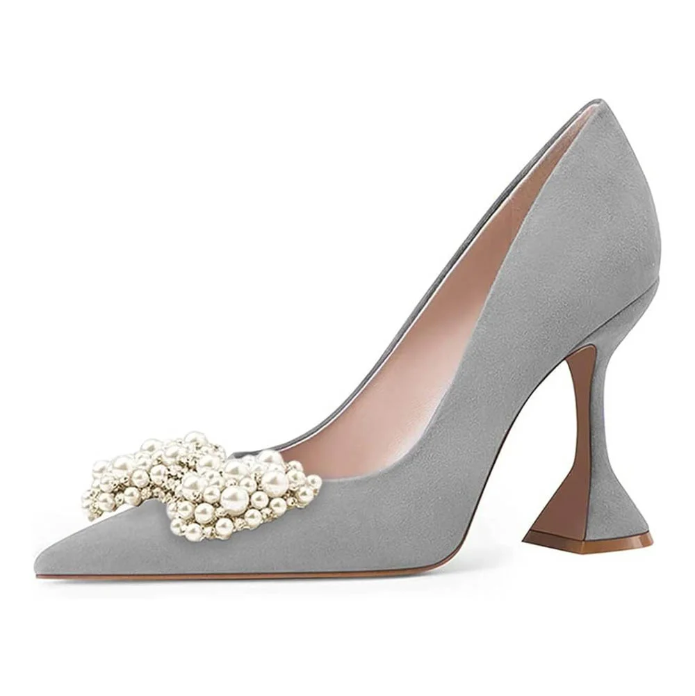 Grey Pointed Toe Flared High Heel Prom Bow Pumps Shoes with Pearl