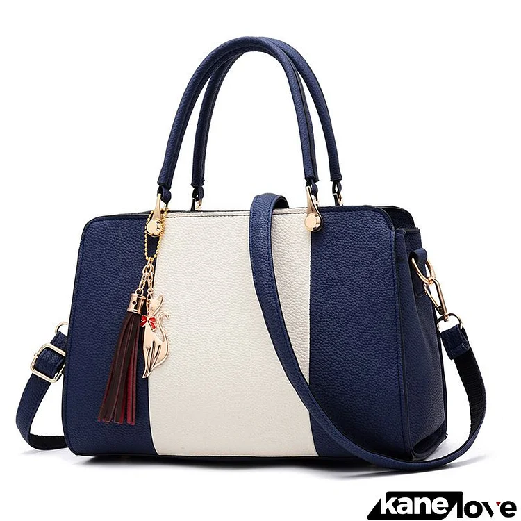 Women Vintage Tassel Decoration Design Color Blocking Large Capacity Shoulder Handle Bag