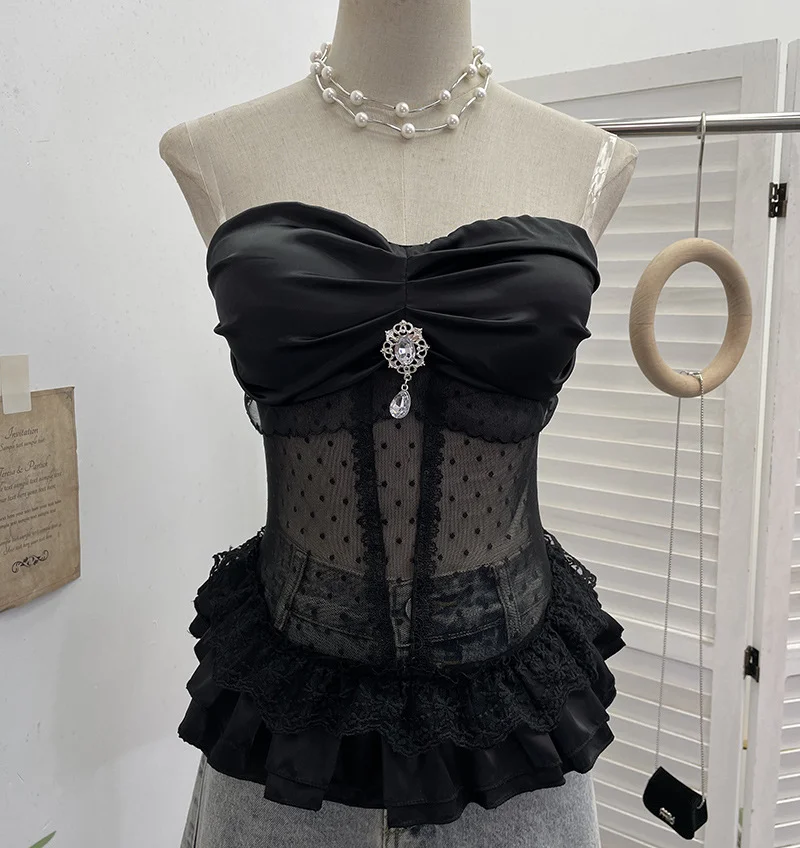 Nigikala Nigikala Eager Heavy-Working Transduce Mesh Lace Spliced Ribbon Ribbon Strap Chest Pad Tector Blouse 2721