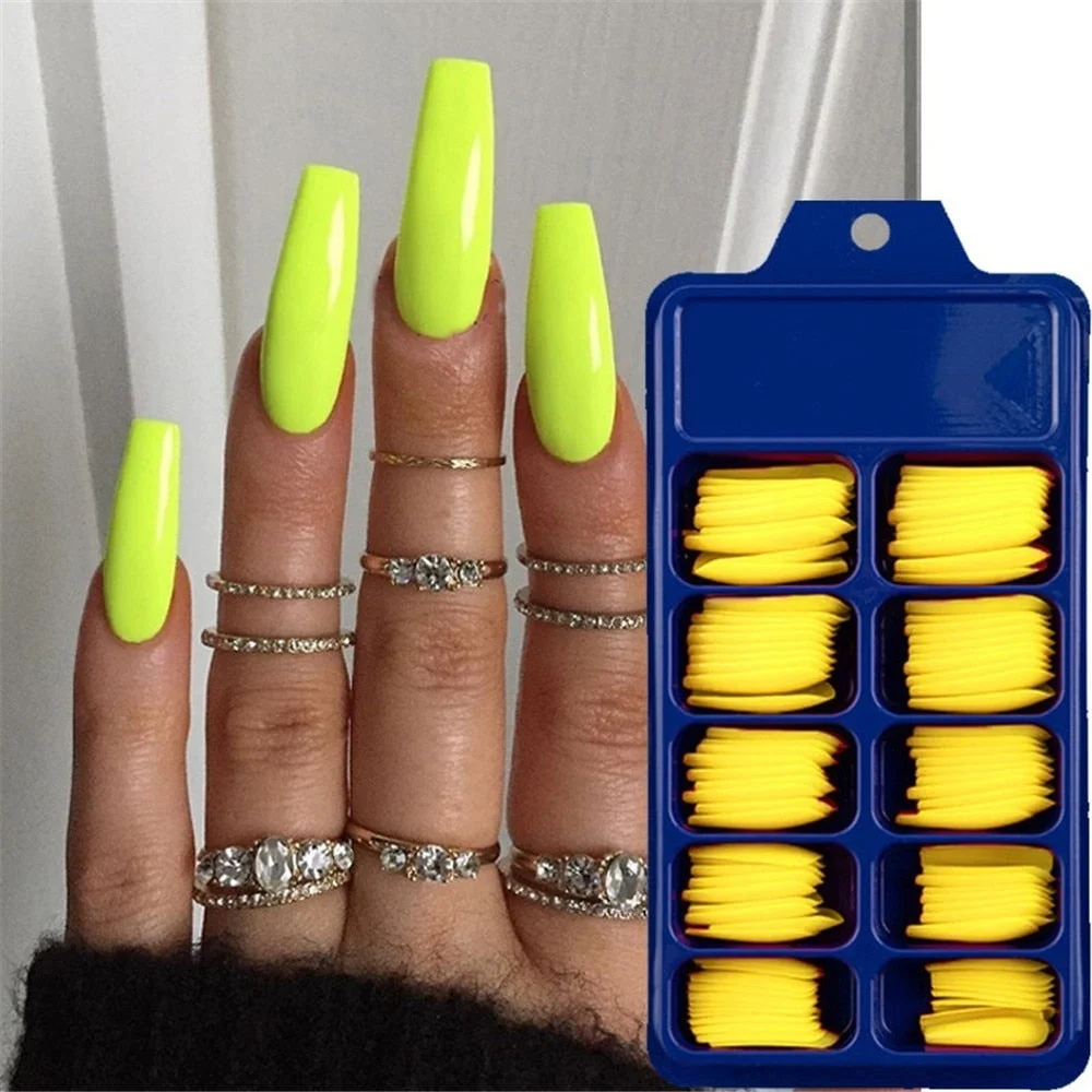 100Pcs Colorful Acrylic False Long Coffin Nails Fake Nails Flat Shape Art Tips Natural Full Cover Fake Nail Tips Manicure Tools-Nail Inspo