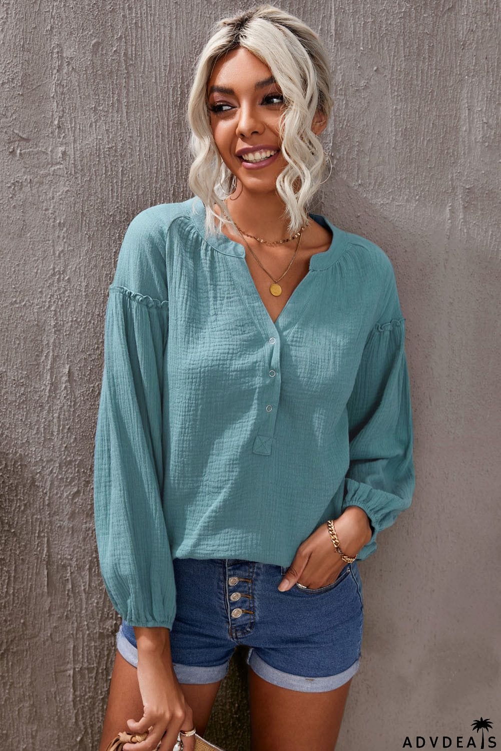 Casual Balloon Sleeve Crinkled Top