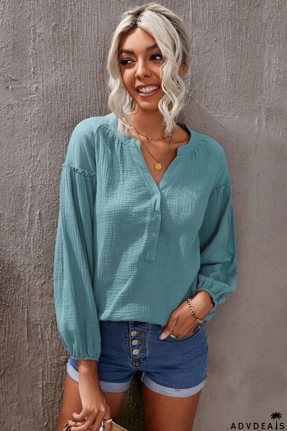 Casual Balloon Sleeve Crinkled Top