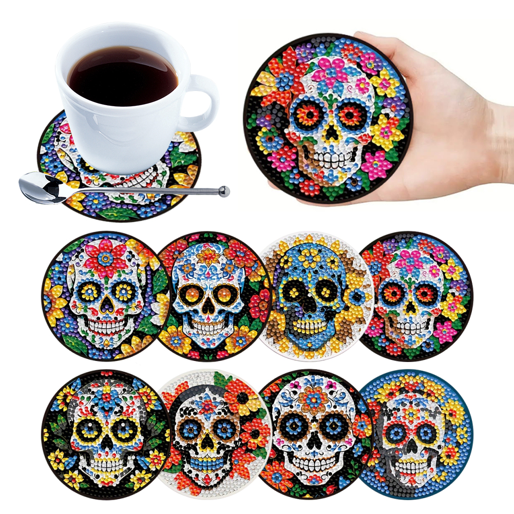 8 Pcs Diamond Art Coasters DIY Diamond Painting Coasters Kits Art Craft (Skull)