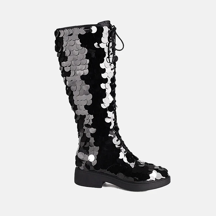 Sequins Lace Up Flat Heel Fleece-Lined High Boots-Black