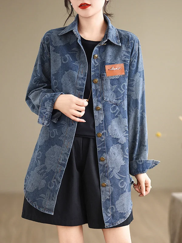 Women's Long Sleeve Shirt Collar Floral Printed Pockets Button Loose Retro Denim Jacket Coats