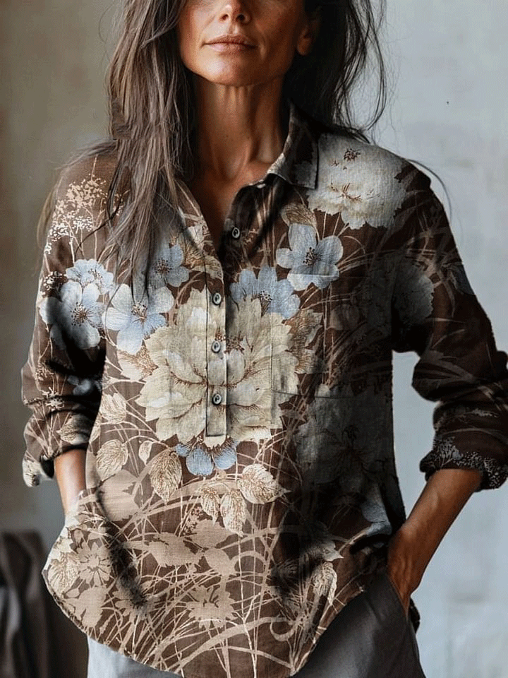 Women's Vintage Flower Art Print Casual Cotton And Linen Shirt