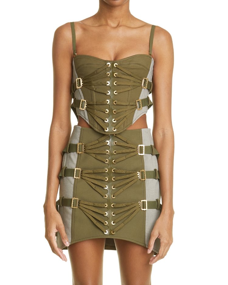 Buttoned-strap Corset Skirt Set