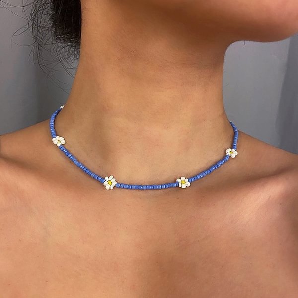 Women Bohemian White Blue Bead Flower Choker Necklace Clavicle Chain Necklace fashion Jewelry - Shop Trendy Women's Fashion | TeeYours