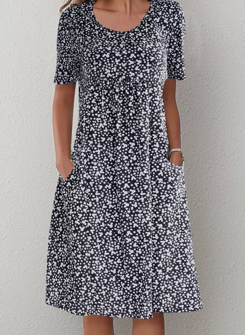Casual Floral Round Neckline Midi A-line Dress