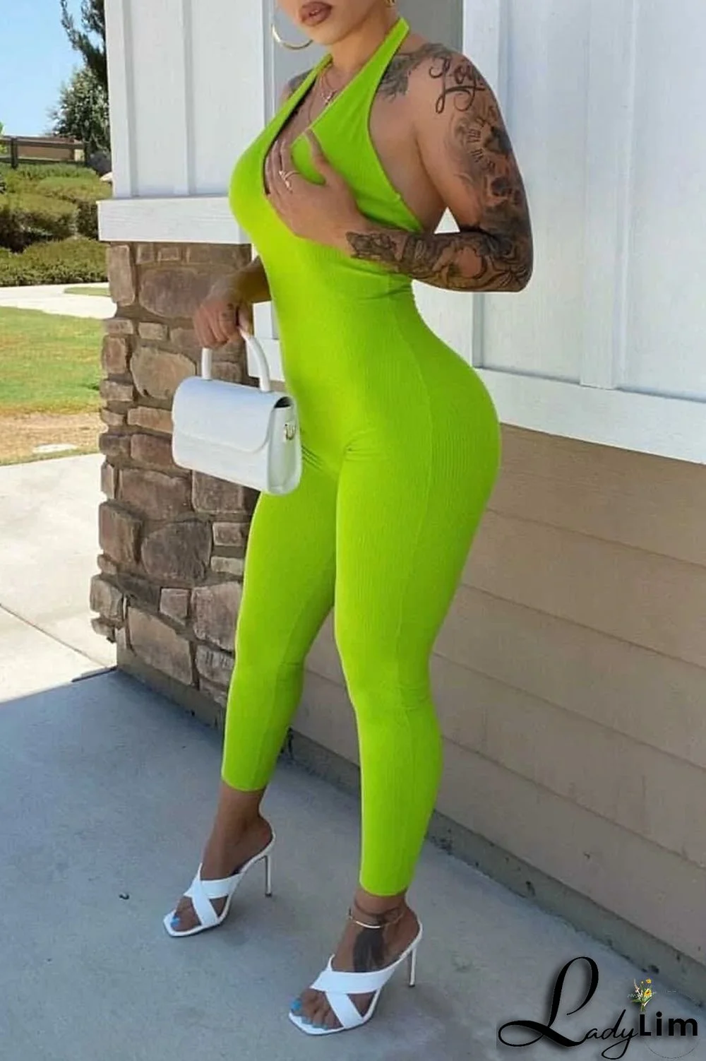 Green Sexy Solid Split Joint Halter Regular Jumpsuits