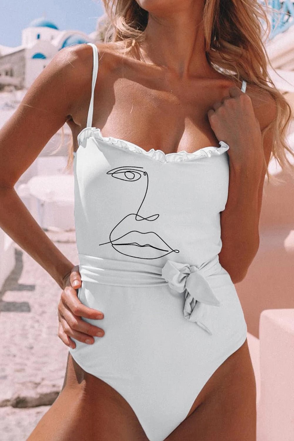 Abstract Face Figure Print Belted Ruffled One-Piece Swimsuit