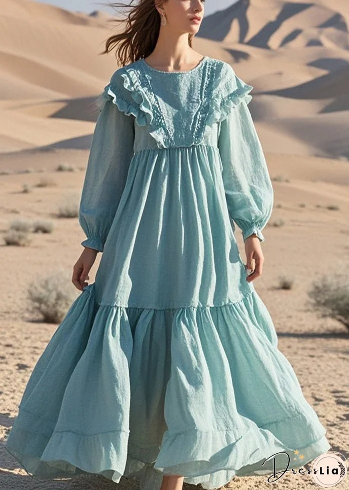 French Sky Blue Ruffled Exra Large Hem Cotton Maxi Dresses Fall