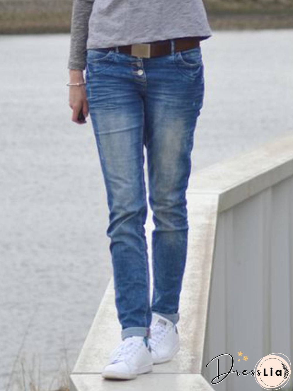 Blue Denim Casual Plain Jeans