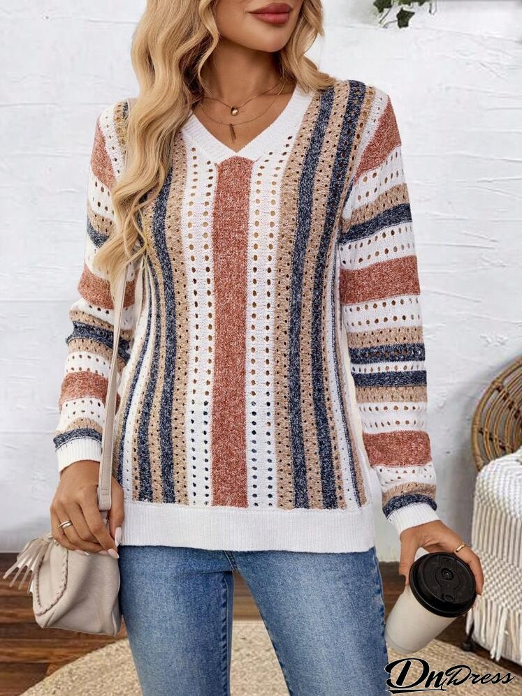 Women's Striped V-Neck Sweater With Hollow Out Design, Long Sleeve, Casual And Comfortable