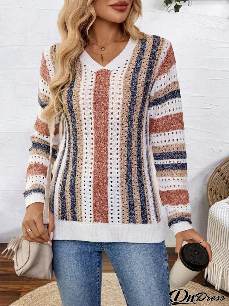 Women's Striped V-Neck Sweater With Hollow Out Design, Long Sleeve, Casual And Comfortable