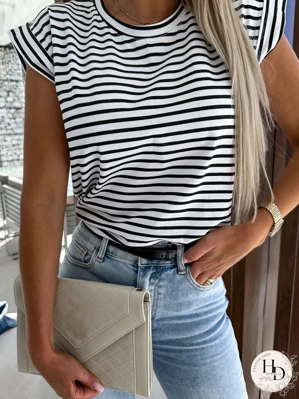 Striped Cap Sleeve Crew Neck Tee