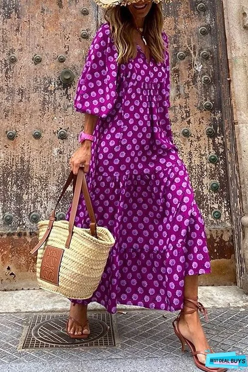 Meridress Puff Sleeve Geometry Printed Swing Dress