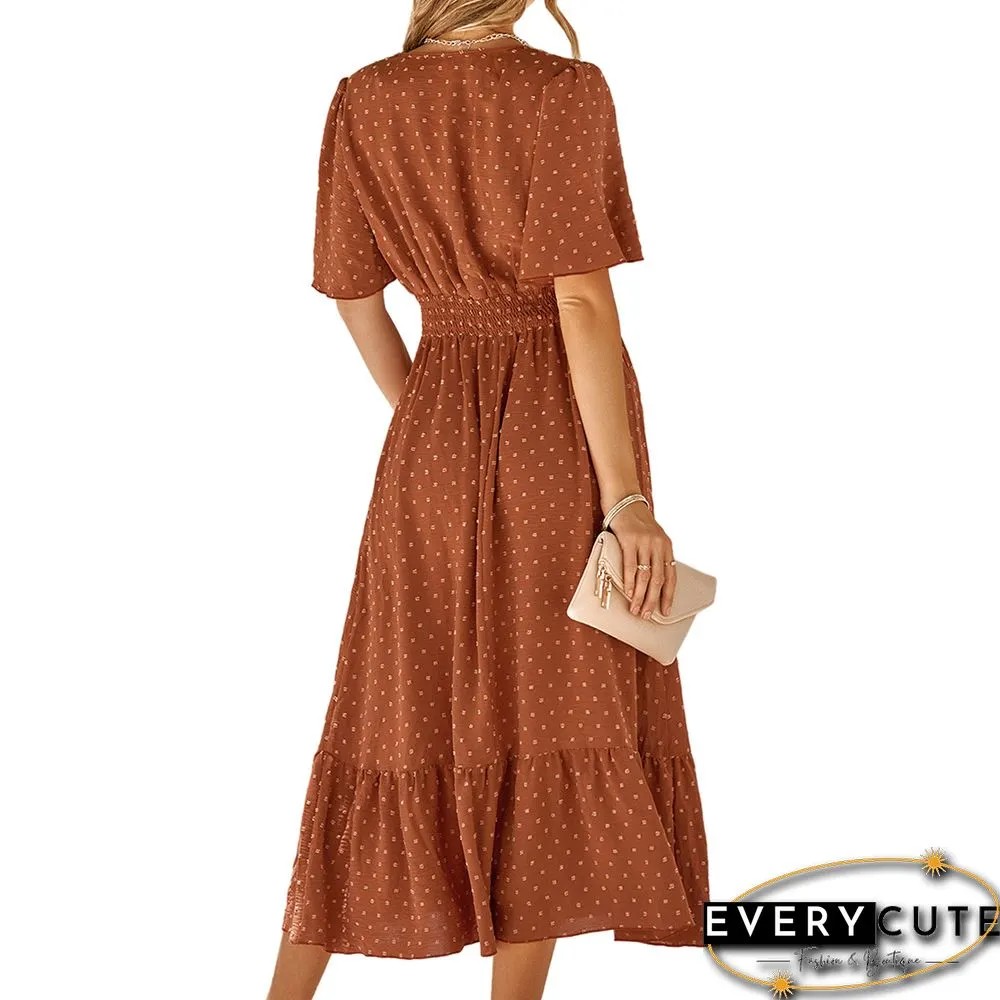 Rust Red Swiss Dot V Neck Casual Dress