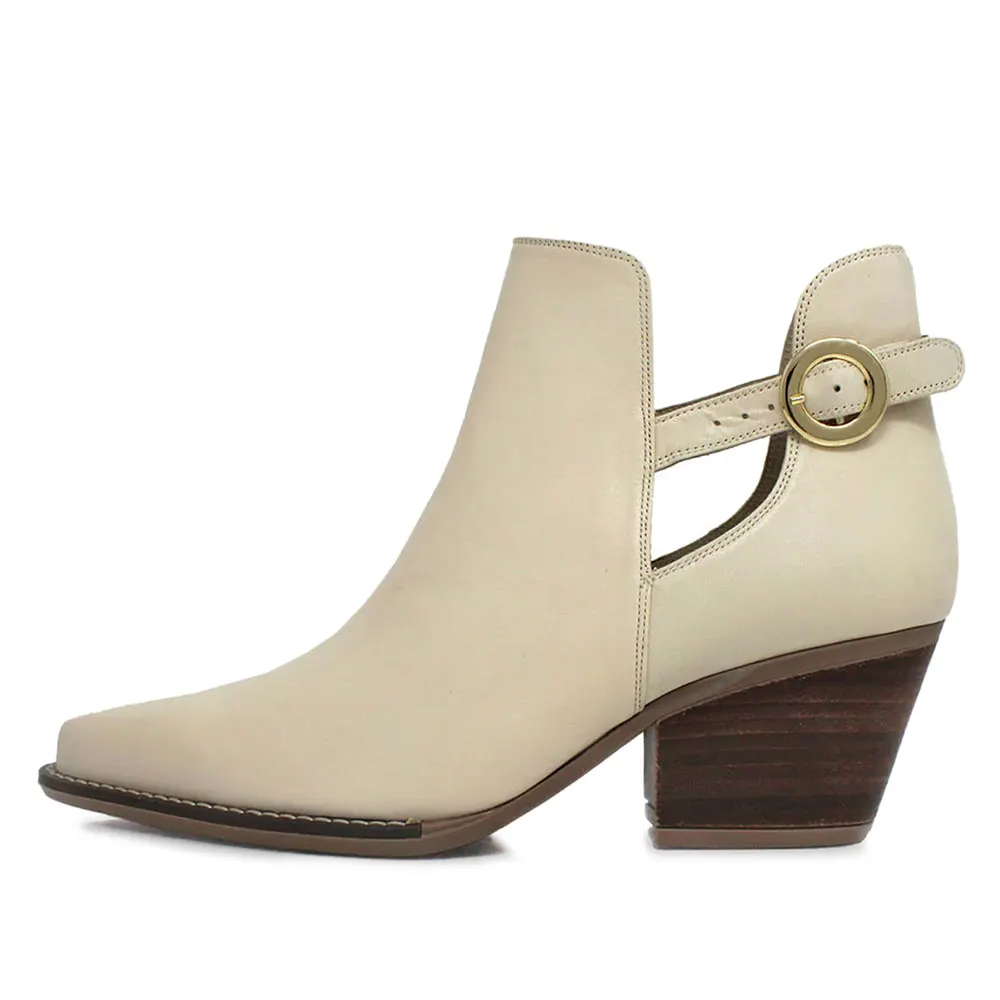 YDN Ivory Cut-Out Chunky Heel Buckle Strap Short Boots for Women