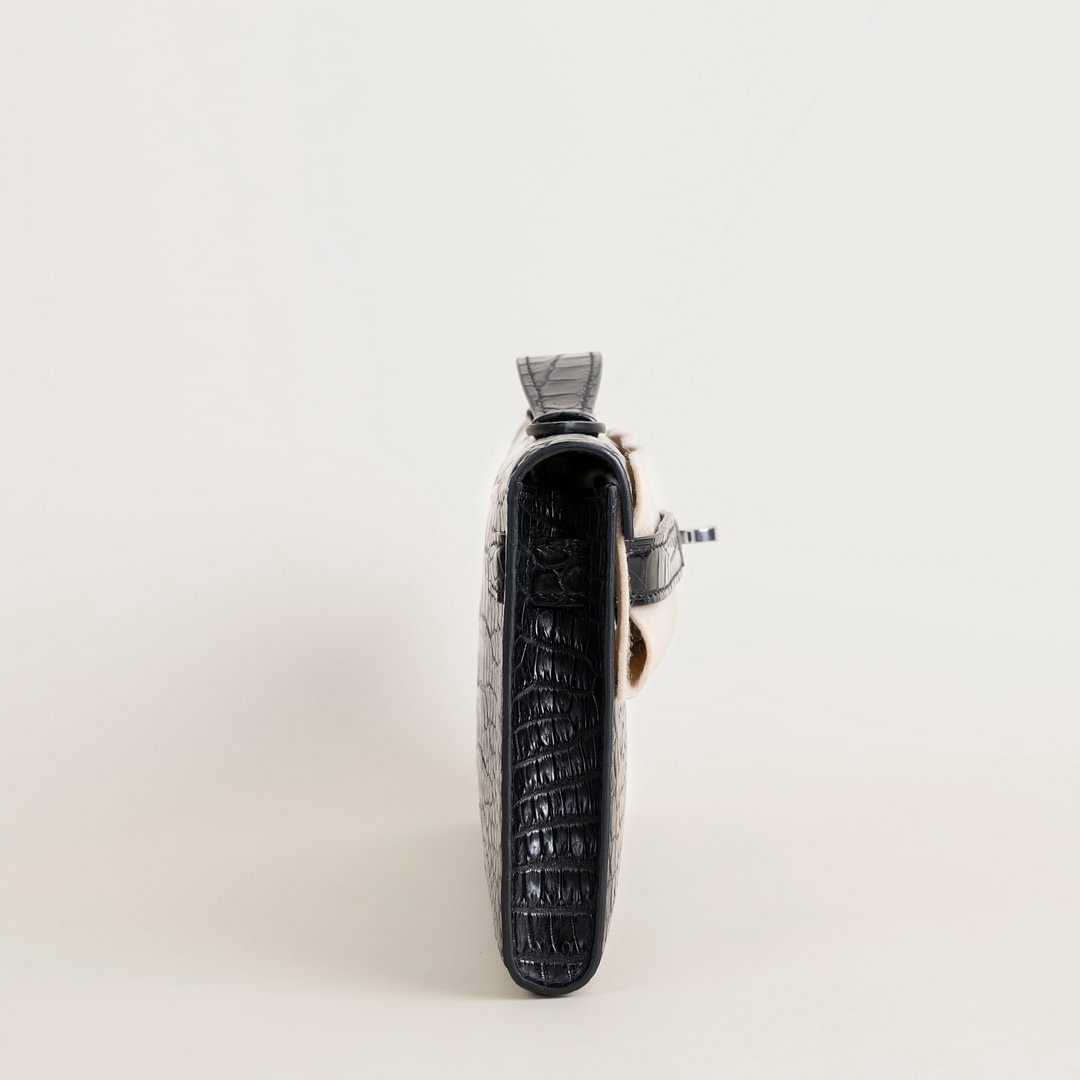 Kelly cut Matte Porosus Crocodile 89 Noir  PHW