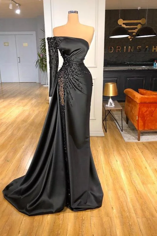 Stunning Black Long Sleeves One Shoulder Mermaid Prom Dress - lulusllly
