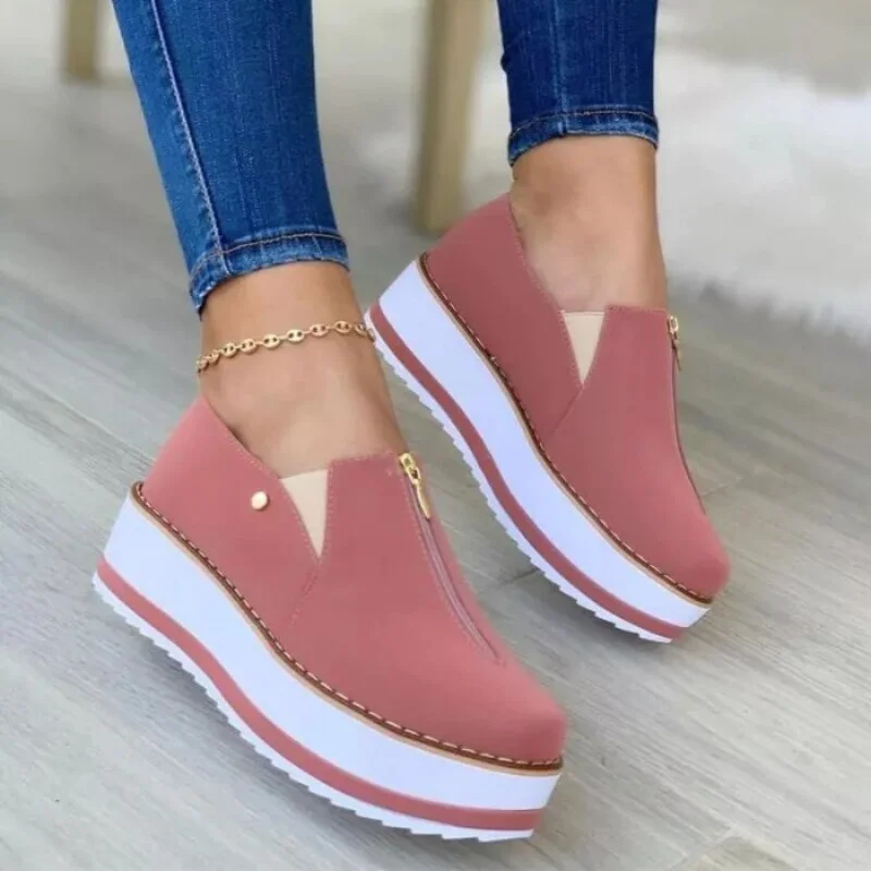 Qengg New Women Casual Shoes Fashion Round Toe Platform Wedge Loafers Slip-On Lightweight Comfortable Vulcanized Shoes Sapatos Casuais