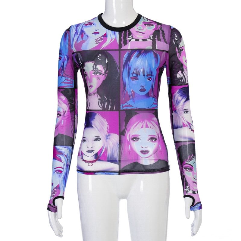 Dulzura mesh sheer women t shirt crop top Anime print long sleeve gloves patchwork bodycon sexy 2020 summer clothes party club