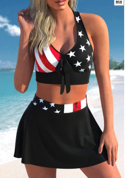 Ladies Split Swimsuit Conservative Skirt Bikini Print Back Cross Swimwear
