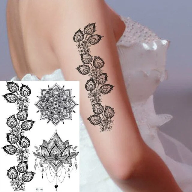 REJASKI Black Henna Lace Temporary Tattoos Sticker For WOmen Butterfly Moth Mehndi Flower Fake Tatoo Sticker Feather Flora Tatoo