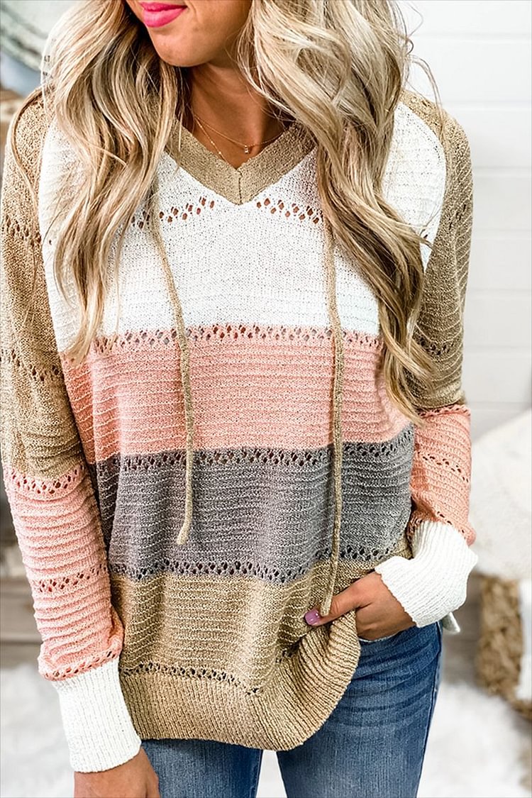 Casual V Neck Long Sleeve Knit Color Block Sweater
