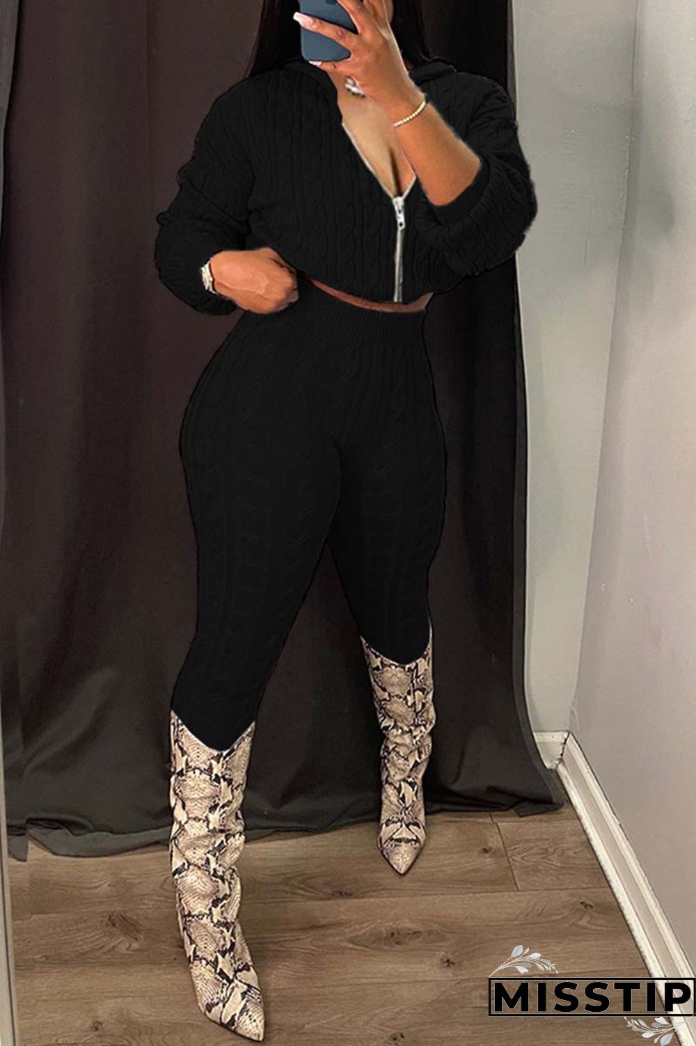 Black Casual Solid Patchwork Hooded Collar Long Sleeve Two Pieces