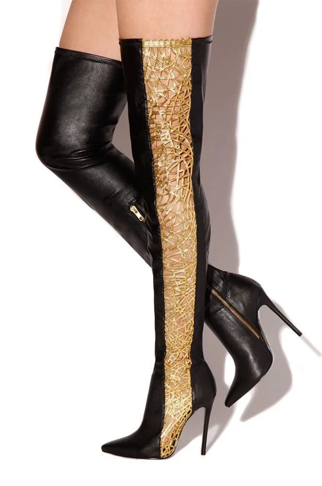Black Hollow Out Thigh High Stiletto Heel Boots Vdcoo