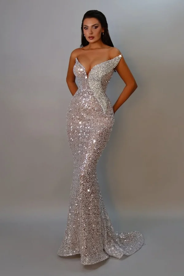 Oknass Sequins Strapless Sleeveless Long Mermaid Prom Dress With Pleated