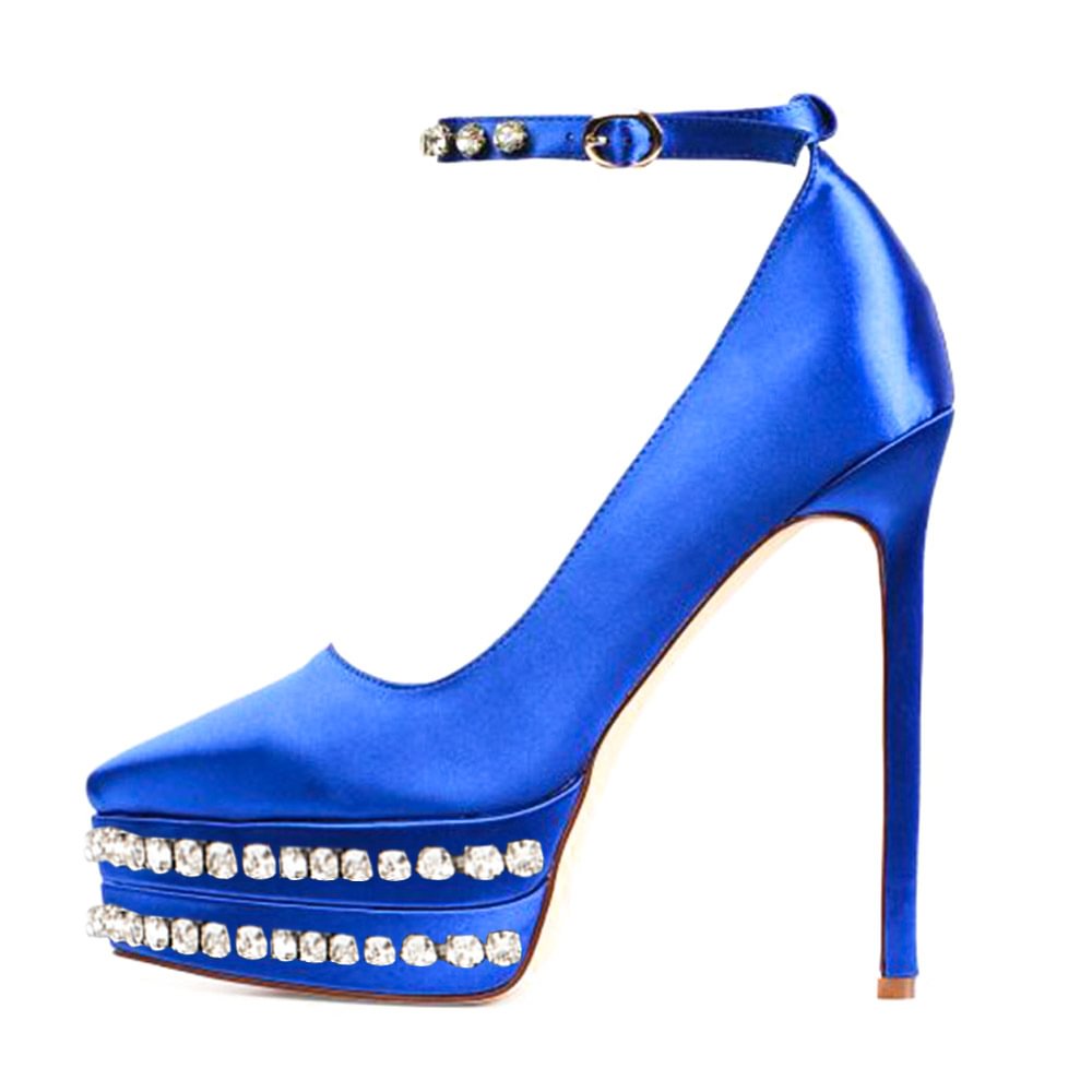 Blue Leather Stiletto Heels Rhinestone Decor Ankle Strap Platform High Heels Nicepairs