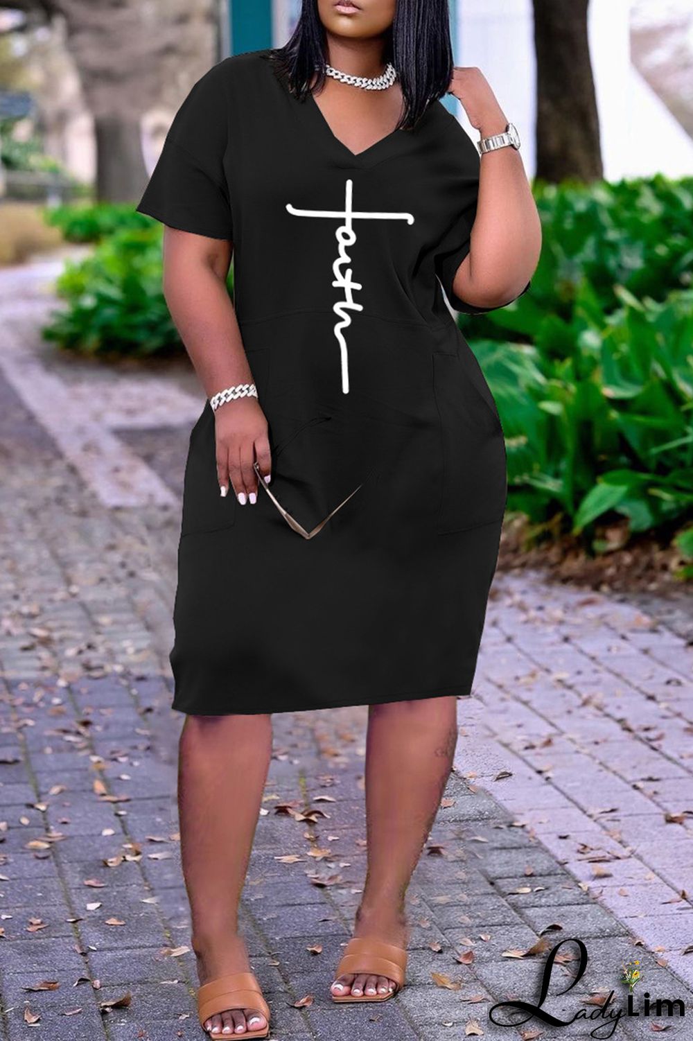 Red Fashion Casual Print Basic V Neck Short Sleeve Dress