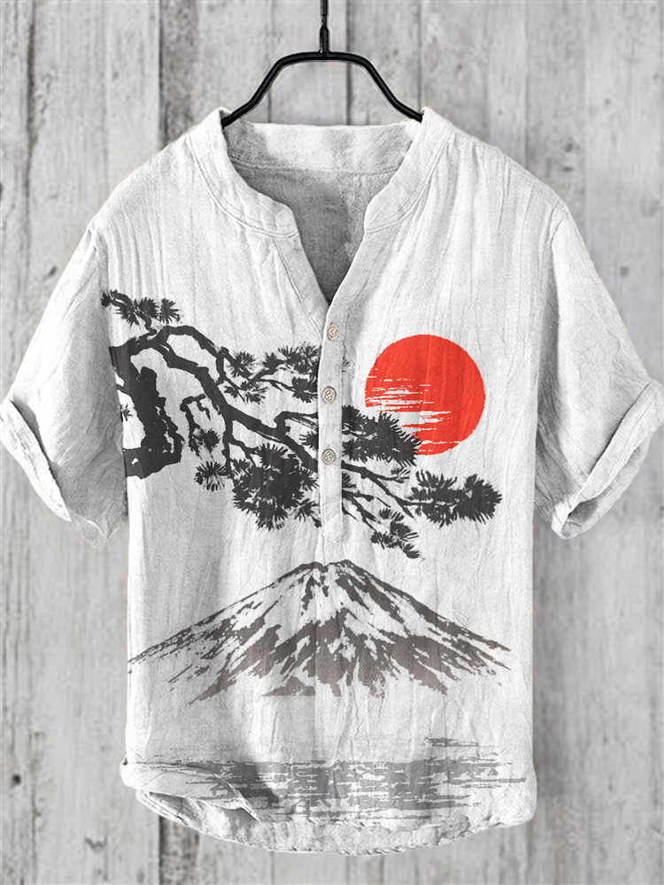 menweary Pine & Mt. Fuji Japanese Art Linen V-Neck Short Sleeve Shirt