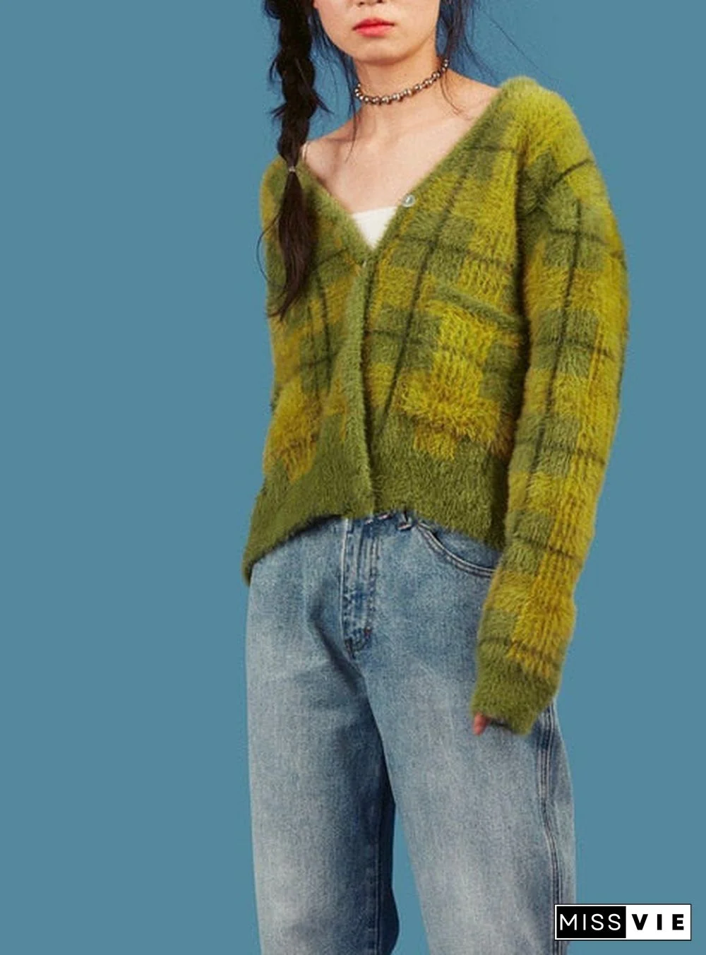 Vintage Mohair Sweater Women Knitted Cardigans Harajuku Lazy Style Ladies V-Neck Button Fuzzy Plaid Cardigan Fluffy Knitwear Top